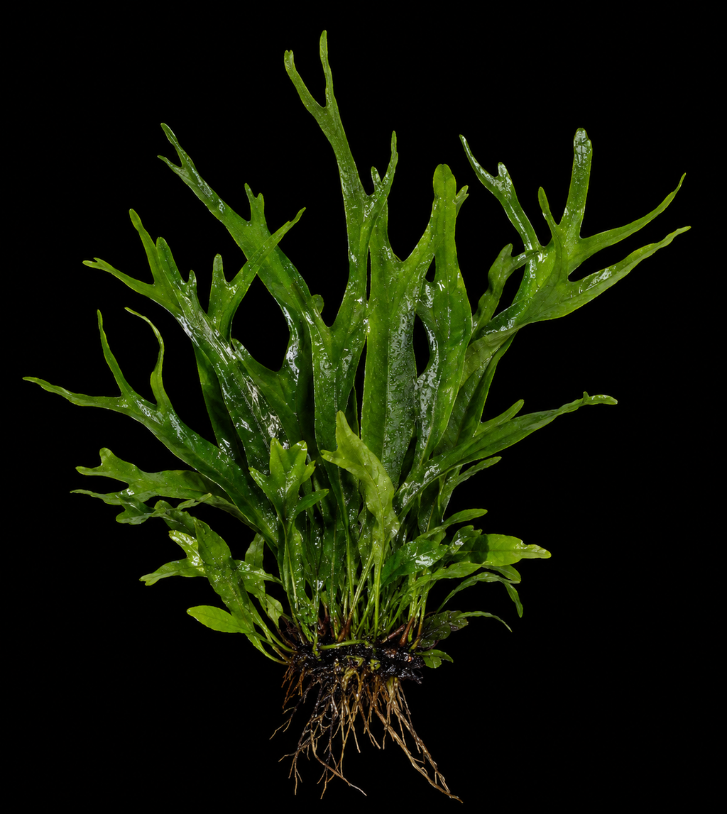 Bucephalandra Catherine full plant on a dark background showing overall habit and foliage