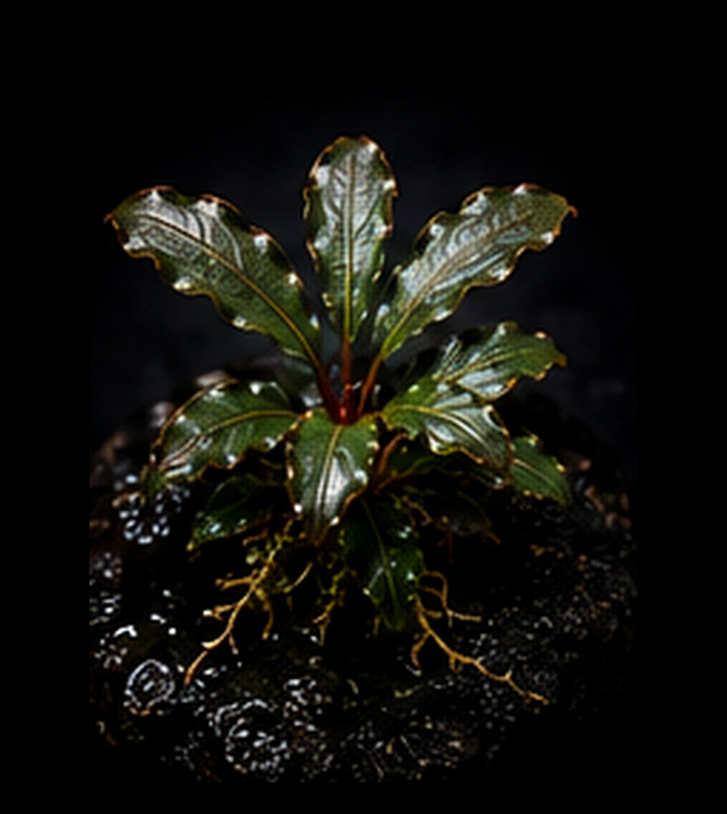 Bucephalandra Helena full plant on a dark background showing overall habit and foliage