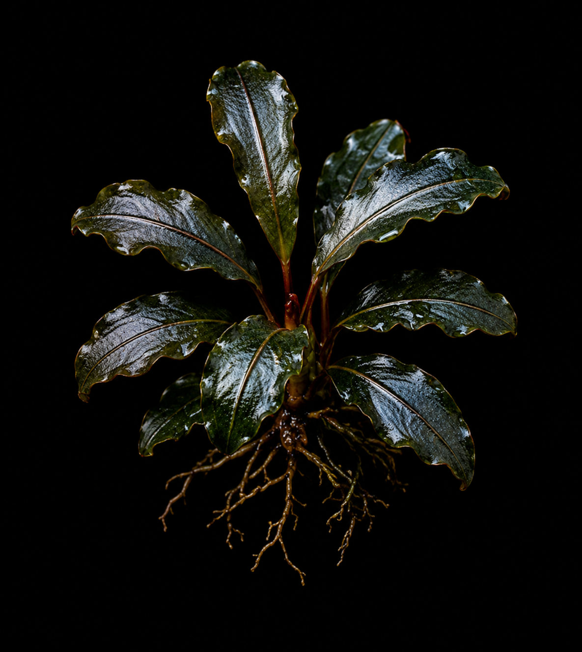 Bucephalandra Long Leaf Phantom full plant on a dark background showing overall habit and foliage