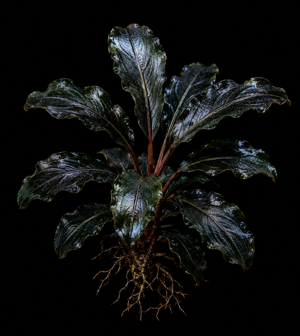 Bucephalandra Mini Phantom full plant on a dark background showing overall habit and foliage
