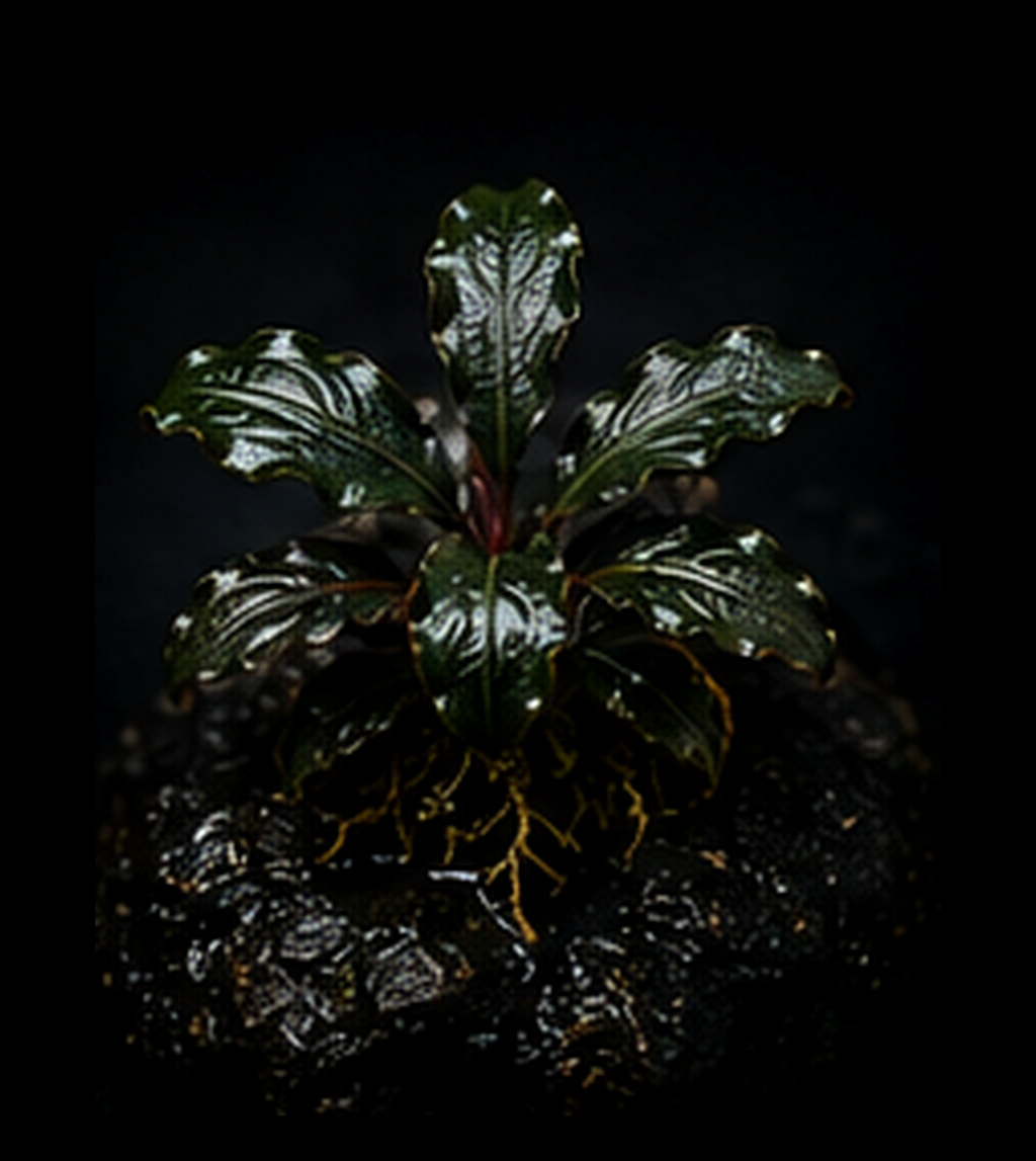 Bucephalandra Super Mini full plant on a dark background showing overall habit and foliage