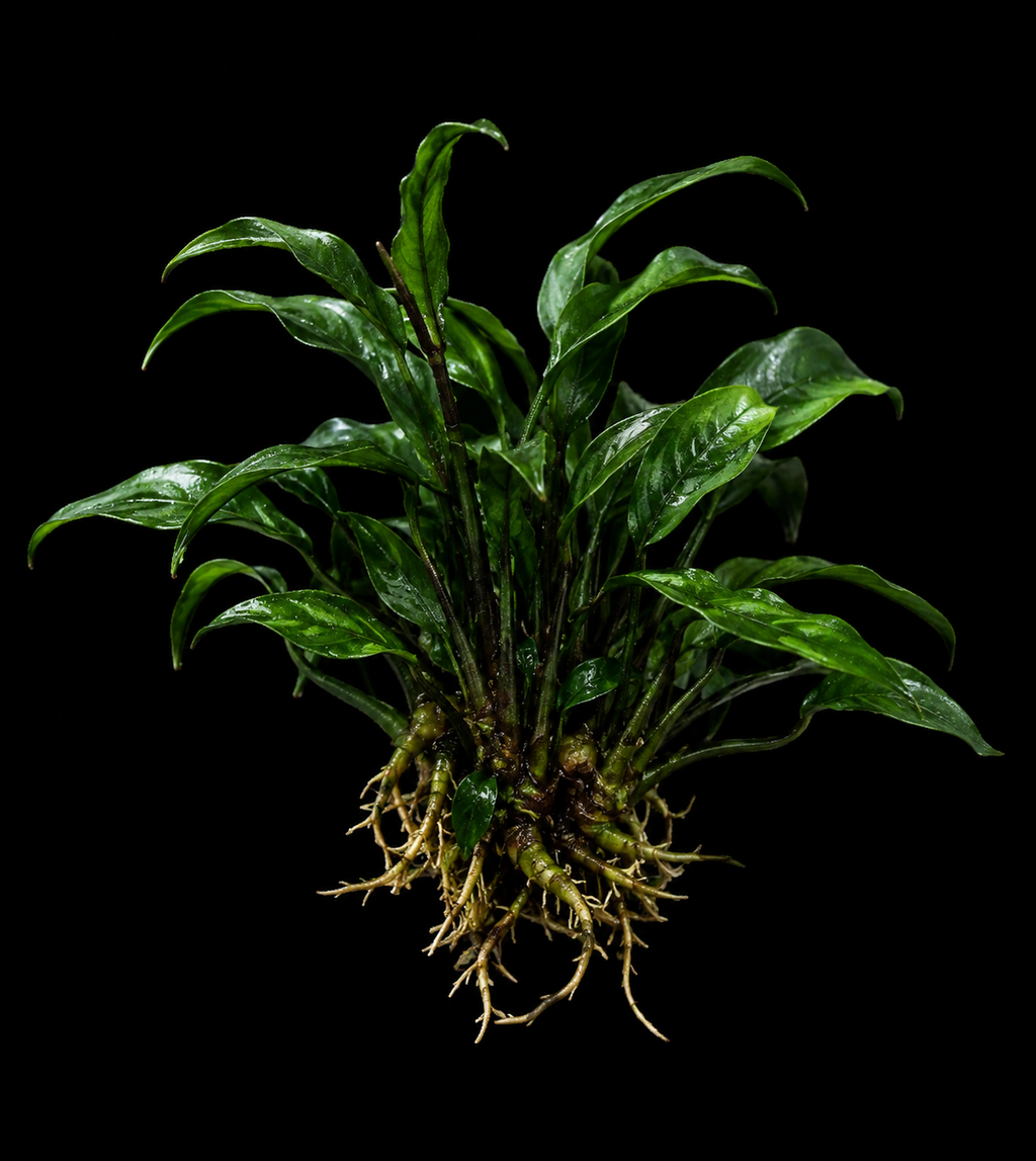 Java Fern Trident full plant on a dark background showing overall habit and foliage